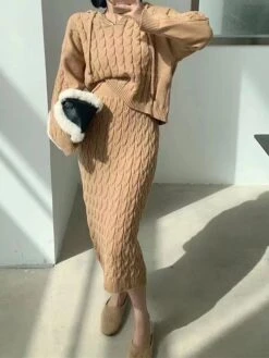 Women's Two Piece Dress Set Casual Dress Skirt Set Outdoor Daily Fashion Streetwear Patchwork Midi Dress Hooded Long Sleeve Plain Loose Fit Black Khaki Apricot Fall Winter One-Size -HANA Luxury Wear Shop mijmme1695722088874