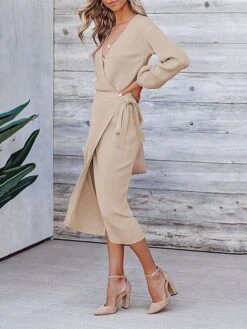 Women's Sweater Dress Winter Dress Jumper Dress Midi Dress Lace Up Daily Date Going Out Fashion Basic V Neck Long Sleeve 2023 Loose Fit Black White Green Color S M L XL XXL Size -HANA Luxury Wear Shop miulsk1691991358282