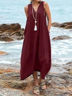 Women's Casual Dress Cotton Dress Swing Dress Maxi Long Dress Cotton Blend Basic Classic Outdoor Daily V Neck Pocket Sleeveless Summer Spring 2023 Regular Fit Black Wine Khaki Plain S M L XL 2XL -HANA Luxury Wear Shop mjkcek1686713210069