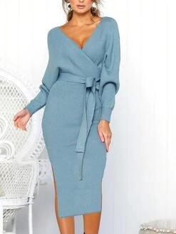 Women's Sweater Dress Winter Dress Jumper Dress Midi Dress Lace Up Split Daily Date Going Out Active Fashion V Neck Long Sleeve 2023 Regular Fit Black Yellow Fuchsia Color S M L XL XXL Size -HANA Luxury Wear Shop mjpxkp1692857083734