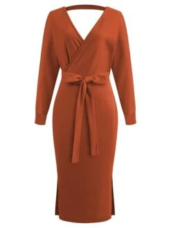 Women's Sweater Dress Winter Dress Jumper Dress Midi Dress Lace Up Split Daily Date Going Out Active Fashion V Neck Long Sleeve 2023 Regular Fit Black Yellow Fuchsia Color S M L XL XXL Size -HANA Luxury Wear Shop mjqutv1692857079814