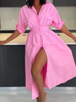 Women's Shirt Dress Casual Dress Swing Dress Midi Dress Outdoor Daily Vacation Polyester Fashion Casual Shirt Collar Patchwork Button Long Sleeve Fall Winter 2023 Loose Fit Yellow Pink Plain S M L XL -HANA Luxury Wear Shop mjrfom1697526638623