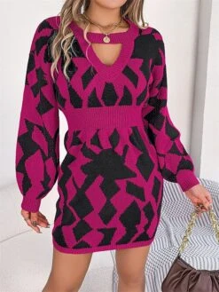 Women's Sweater Dress Jumper Dress Casual Dress Mini Dress Fashion Geometric Color Block Outdoor Daily Going Out Crew Neck Long Sleeve Cut Out 2023 Loose Fit Green Khaki Rose Red S M L -HANA Luxury Wear Shop mjsbmp1695813746488