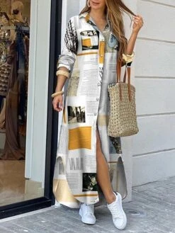 Women's Shirt Dress Maxi Long Dress Winter Dress Street Causal Polyester Spandex Basic Elegant Collar Pocket Split Long Sleeve Summer Spring Fall 2022 Loose Fit Multicolor Newspaper Diamond Geometric -HANA Luxury Wear Shop mjvdrm1629256197917