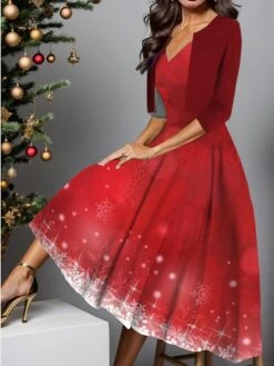 Women's Two Piece Dress Set Casual Dress Swing Dress Outdoor Christmas Fashion Elegant Print Midi Dress V Neck Half Sleeve Snowflake Ombre Regular Fit Burgundy Navy Blue Blue Fall Winter S M L XL XXL -HANA Luxury Wear Shop mkcgmx1697181064712