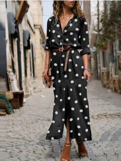 Women's Shirt Dress Maxi Long Dress Winter Dress Daily Date Polyester Fashion Elegant Shirt Collar Print Long Sleeve Summer Spring Fall 2022 Regular Fit Black Army Green Red Polka Dot Round Dots S M -HANA Luxury Wear Shop mkgcys1629361387263