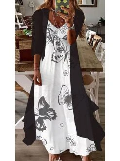Women's Dress Set Two Piece Dress Swing Dress Long Dress Maxi Dress Black Purple Orange Half Sleeve Floral Summer Spring V Neck Elegant Loose Fit 2023 M L XL XXL XXXL -HANA Luxury Wear Shop mkkczo1647926184268