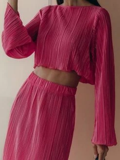 Women's Two Piece Dress Set Casual Dress Skirt Set Outdoor Daily Fashion Streetwear Pleated Midi Dress Crew Neck Long Sleeve Plain Regular Fit Blue Green Rose Red Fall Winter S M L -HANA Luxury Wear Shop mkpucj1693534953068