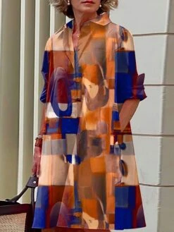 Women's Shirt Dress Casual Dress Midi Dress Outdoor Office Daily Polyester Fashion Modern Shirt Collar Button Pocket Long Sleeve Fall Winter 2023 Loose Fit Black Pink Wine Color Block Graffiti S M L -HANA Luxury Wear Shop mkwetz1693390908098