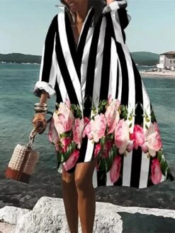 Women's Shirt Dress Casual Dress Swing Dress Midi Dress Daily Holiday Vacation Polyester Stylish Modern Shirt Collar High Low Dress Print Long Sleeve Summer Spring 2022 Loose Fit Black Red Blue -HANA Luxury Wear Shop mkwzge1660890830025