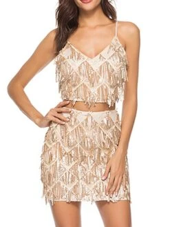 Women's Two Piece Dress Set Party Dress Skirt Set Party Cocktail Party Fashion Party Tassel Fringe Backless Mini Dress Strap Sleeveless Plain Slim Champagne Gold Spring Fall S M L XL -HANA Luxury Wear Shop mllokx1692935664222