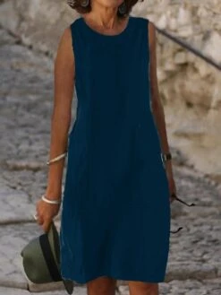 Women's Casual Dress Cotton Dress Shift Dress Midi Dress Cotton Blend Fashion Basic Outdoor Daily Vacation U Neck Pocket Sleeveless Summer Spring Fall 2023 Loose Fit Light Blue Black White Plain S M -HANA Luxury Wear Shop mminjd1683783830560