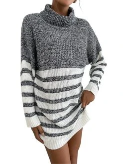 Women's Sweater Dress Winter Dress Jumper Dress Mini Dress Patchwork Ribbed Daily Date Going Out Fashion Basic Turtleneck Long Sleeve 2023 Loose Fit Gray Color S M L Size -HANA Luxury Wear Shop mmvdbc1695032171780