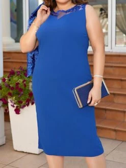 Women's Plus Size Two Piece Dress Set Party Dress Lace Dress Party Wedding Guest Fashion Elegant Lace Patchwork Midi Dress Crew Neck 3/4 Length Sleeve Plain Regular Fit Blue Fall Winter L XL XXL 3XL -HANA Luxury Wear Shop mnckii1696579857900