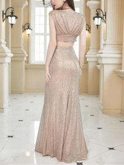 Women's Two Piece Dress Set Party Dress Skirt Set Party Wedding Guest Fashion Elegant Sequin Long Dress Maxi Dress Crew Neck Sleeveless Plain Regular Fit Apricot Summer Spring S M L XL -HANA Luxury Wear Shop mngqjm1690274867824