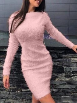 Women‘s Sweater Dress Winter Dress Sheath Dress Pink Khaki Light Blue Gray White Long Sleeve Pure Color Winter Fall Crew Neck Boho Casual S M L XL XXL 3XL -HANA Luxury Wear Shop mnkhiw1603776778237