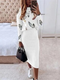 Women's Two Piece Dress Set Casual Dress Skirt Set Daily Date Streetwear Casual Print Midi Dress Turtleneck Long Sleeve Star Regular Fit White Red Navy Blue Fall Winter S M L XL -HANA Luxury Wear Shop mnqzii1695364269973