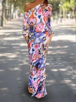 Women's Two Piece Dress Set Casual Dress Sheath Dress Outdoor Daily Fashion Streetwear Print Maxi Dress One Shoulder Long Sleeve Graphic Abstract Loose Fit Red Royal Blue Sky Blue Summer Spring S M L -HANA Luxury Wear Shop mojbhv1683542000712