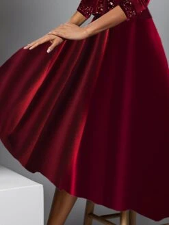 Women's Two Piece Dress Set Party Dress Wine Red Velvet Dress Party Sequin Dress Wedding Guest Fashion Modern Patchwork Midi Dress Crew Neck 3/4 Length Sleeve Plain -HANA Luxury Wear Shop mooman1697167538358