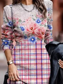Women's Sweater Dress Winter Dress Jumper Dress Mini Dress Fashion Floral Plaid Outdoor Daily Date Going Out Crew Neck Long Sleeve Print 2023 Regular Fit Pink Purple S M L XL XXL 3XL -HANA Luxury Wear Shop mosxxk1694153196651