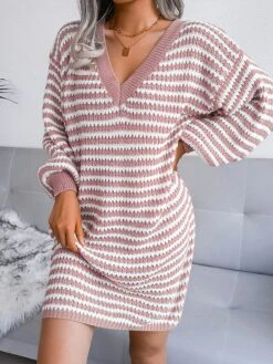 Women's Sweater Dress Jumper Dress Casual Dress Mini Dress Active Multicolor Outdoor Casual Daily Holiday V Neck Long Sleeve Patchwork 2023 Loose Fit Pink Blue Khaki S M L -HANA Luxury Wear Shop mozoko1692947783873