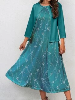 Women's Two Piece Dress Set Casual Dress Swing Dress Outdoor Office Fashion Streetwear Print Midi Dress Crew Neck 3/4 Length Sleeve Floral Regular Fit Wine Blue Fall Winter S M L XL XXL -HANA Luxury Wear Shop mpcbfy1697770546715