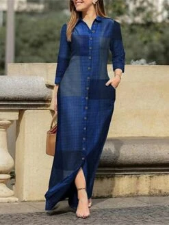 Women's Shirt Dress Casual Dress Shift Dress Maxi Long Dress Outdoor Daily Polyester Fashion Casual Shirt Collar Button Pocket Long Sleeve Summer Spring Fall 2023 Loose Fit Yellow Red Blue Plaid S M -HANA Luxury Wear Shop mpeajf1689823424673
