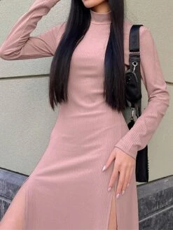 Women's Sweater Dress Jumper Dress Casual Dress Midi Dress Fashion Pure Color Outdoor Daily Vacation Going Out Turtleneck Long Sleeve 2023 Regular Fit Pink Green S M L -HANA Luxury Wear Shop mpifbm1695643226903