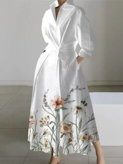 Women's Shirt Dress Casual Dress Swing Dress Maxi Long Dress Outdoor Office Daily Polyester Fashion Modern Shirt Collar Button Pocket Long Sleeve Spring Fall Winter 2023 Loose Fit White Yellow Dark -HANA Luxury Wear Shop mpjktf1692157277325