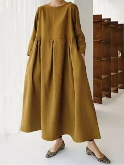 Women's Casual Dress Cotton Dress Swing Dress Maxi Long Dress Cotton Casual Outdoor Winter Dress Holiday Crew Neck Ruched Pocket Long Sleeve Summer Spring Fall 2023 Loose Fit Black Dark Green Brown