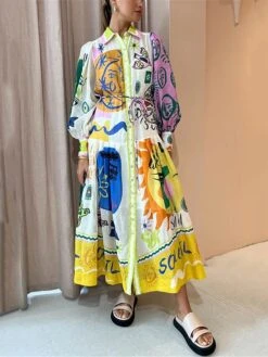 Women's Shirt Dress Casual Dress Swing Dress Midi Dress Outdoor Daily Date Polyester Fashion Modern Shirt Collar Button Pocket Long Sleeve Spring Fall Winter 2023 Loose Fit Yellow Floral Color Block -HANA Luxury Wear Shop mqamth1692267222684