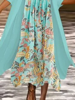 Women's Two Piece Dress Set Casual Dress Chiffon Dress Outdoor Daily Fashion Casual Print Maxi Dress Crew Neck 3/4 Length Sleeve Floral Loose Fit Pink Blue Summer Spring S M L XL XXL -HANA Luxury Wear Shop mqazgt1679467489981