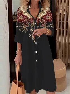 Women's Shirt Dress Casual Dress Midi Dress Outdoor Daily Date Polyester Fashion Modern Shirt Collar Button Pocket Long Sleeve Fall Winter 2023 Loose Fit Black Wine Red Floral S M L XL 2XL -HANA Luxury Wear Shop mqegld1695367368888