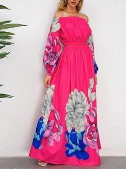Women's Two Piece Dress Set Casual Dress Skirt Set Daily Going Out Casual Ruched Print Long Dress Maxi Dress Off Shoulder Long Sleeve Floral Regular Fit Blue Green Rose Red Fall Winter S M L XL XXL -HANA Luxury Wear Shop mqhycc1692339426685
