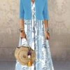 Women's Two Piece Dress Set Casual Dress Print Dress Outdoor Daily Fashion Streetwear Print Long Dress Maxi Dress V Neck Half Sleeve Leaf Regular Fit Blue Summer Spring S M L XL XXL
