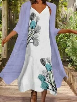 Women's Two Piece Dress Set Shift Dress Slip Dress Daily Going Out Fashion Streetwear Print Midi Dress Strap 3/4 Length Sleeve Floral Loose Fit Pink Light Purple Summer Spring S M L XL XXL -HANA Luxury Wear Shop mriqze1677120932838