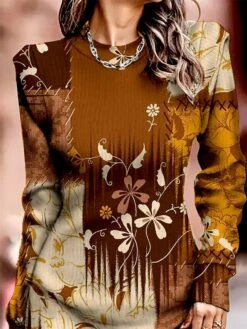 Women's Sweater Dress Winter Dress Jumper Dress Mini Dress Fashion Floral Plaid Color Block Outdoor Daily Date Going Out Crew Neck Long Sleeve Print 2023 Regular Fit Brown S M L XL XXL 3XL -HANA Luxury Wear Shop msnoyo1694424168451