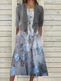 Women's Two Piece Dress Set Casual Dress Print Dress Outdoor Daily Fashion Modern Pocket Print Midi Dress Crew Neck Half Sleeve Floral Regular Fit Blue Summer Spring S M L XL XXL