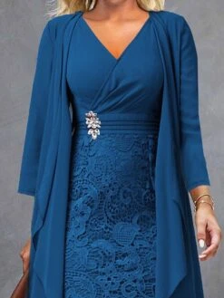 Women's Two Piece Dress Set Casual Dress Lace Dress Outdoor Daily Fashion Elegant Lace Patchwork Midi Dress V Neck Long Sleeve Plain Regular Fit Wine Blue Sky Blue Fall Winter S M L XL XXL -HANA Luxury Wear Shop msxsjw1694057201621