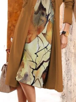 Women's Two Piece Dress Set Casual Dress Print Dress Outdoor Daily Fashion Modern Print Midi Dress Crew Neck Long Sleeve Leaf Regular Fit Brown Fall Winter S M L XL XXL -HANA Luxury Wear Shop mtqgpj1696908942407