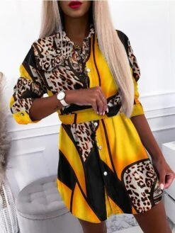 Women's Shirt Dress Mini Dress Winter Dress Daily Date Polyester Polyester / Cotton Fashion Casual Shirt Collar Lace Tie Belt Long Sleeve Summer Spring Fall 2022 Regular Fit Yellow Green Geometric -HANA Luxury Wear Shop mubvzr1629868692153