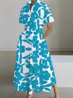 Women's Shirt Dress Casual Dress Swing Dress Maxi Long Dress Outdoor Office Daily Polyester Fashion Modern Shirt Collar Button Pocket Short Sleeve Summer Spring 2023 Loose Fit Yellow Red Navy Blue -HANA Luxury Wear Shop mufmao1689925297477