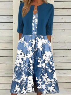 Women's Two Piece Dress Set Casual Dress Shift Dress Daily Going Out Fashion Casual Pocket Print Midi Dress V Neck 3/4 Length Sleeve Floral Loose Fit Navy Blue Royal Blue Dark Green Summer Spring S M -HANA Luxury Wear Shop musqxf1687327200173