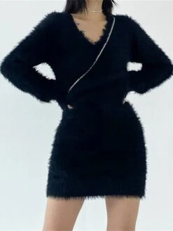 Women's Sweater Dress Winter Dress Jumper Dress Mini Dress Ruched Outdoor Street Daily Active Fashion V Neck Long Sleeve 2023 Slim Black Brown Color S M L Size -HANA Luxury Wear Shop mvinex1692862196859