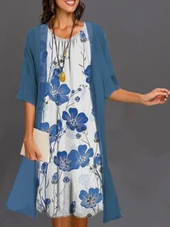 Women's Two Piece Dress Set Casual Dress Dress Set Outdoor Daily Fashion Elegant Print Midi Dress Crew Neck 3/4 Length Sleeve Floral Ombre Regular Fit Royal Blue Blue Sky Blue Summer Spring S M L XL -HANA Luxury Wear Shop mwlfzx1683089518144