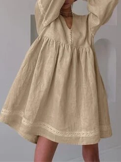 Women's Casual Dress Cotton Linen Dress Swing Dress Mini Dress Linen / Cotton Blend Fashion Modern Outdoor Daily Vacation V Neck Lace Ruched Long Sleeve Fall Winter Autumn 2023 Loose Fit Blue Brown -HANA Luxury Wear Shop mwpfyl1692961125140