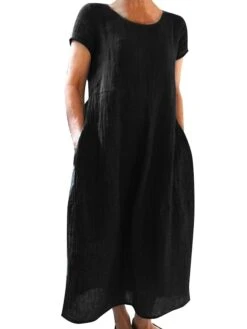 Women's Casual Dress Cotton Linen Dress Shift Dress Maxi Long Dress Cotton Blend Basic Casual Outdoor Daily Vacation Crew Neck Pocket Short Sleeve Summer Spring 2023 Loose Fit Black White Yellow Plain -HANA Luxury Wear Shop mwtjyq1673606393972
