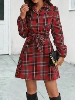 Women's Shirt Dress Casual Dress Mini Dress Outdoor Daily Date Polyester Fashion Casual Shirt Collar Lace Up Button Long Sleeve Spring Fall Winter 2023 Loose Fit Black Red Plaid S M L XL -HANA Luxury Wear Shop mwxqcb1697526679065