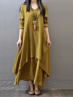 Women's Casual Dress Cotton Dress Swing Dress Maxi Long Dress Cotton Stylish Casual Winter Dress Daily Holiday V Neck Button Layered Long Sleeve Summer Spring Fall 2022 Loose Fit Black White Yellow -HANA Luxury Wear Shop mxicyh1657786369788