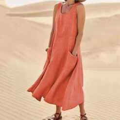 Women‘s Casual Dress Cotton Dress Shift Dress Midi Dress Blue Pink Khaki Sleeveless Pure Color Pocket Spring Summer Crew Neck Basic Daily Vacation Weekend Loose Fit 2023 S M L XL XXL -HANA Luxury Wear Shop mxuxnt1648535263035